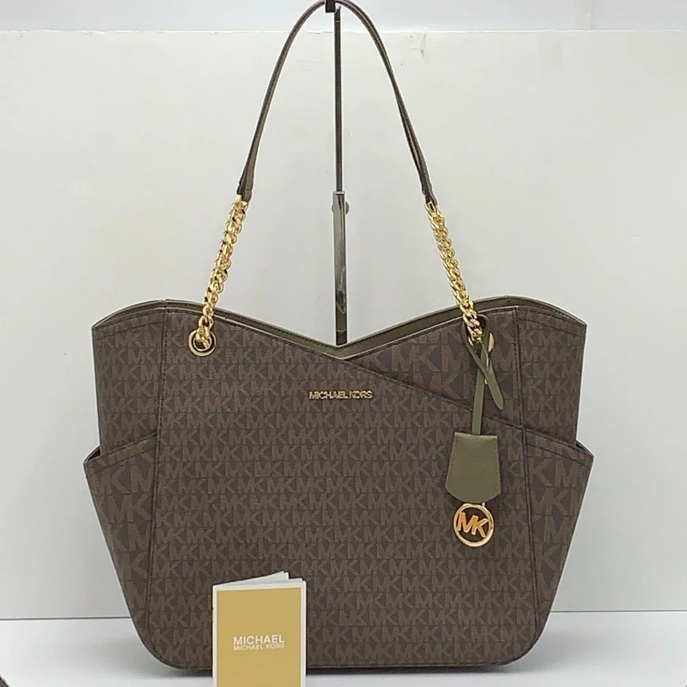 MICHAEL KORS  Jet Set Large Logo Tote Chain Shoulder Bag  COLOR OLIVE  NWT
